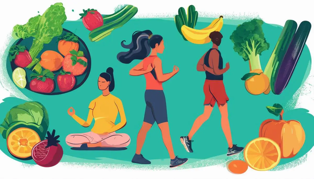 Ilustración que muestra diferentes estrategias de autocuidado para la salud mental, como alimentación saludable representada por frutas y verduras, ejercicio con una persona trotando, técnicas de relajación con alguien meditando, y conexiones sociales con un grupo de personas abrazadas.